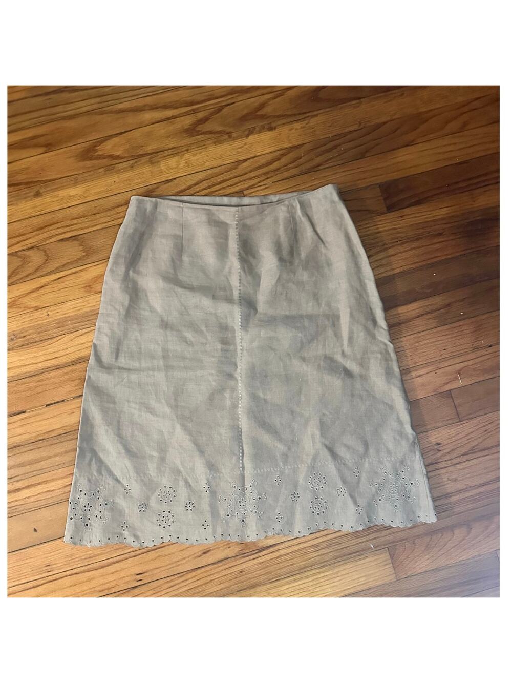 Chic Beige Linen Skirt Scalloped Cut-Out Hem Detail Side Zip Size 8